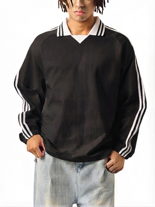 Contrast Striped Lapel Collar Sweatshirt