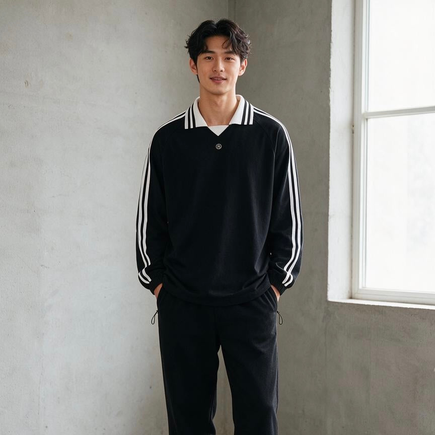 Contrast Striped Lapel Collar Sweatshirt