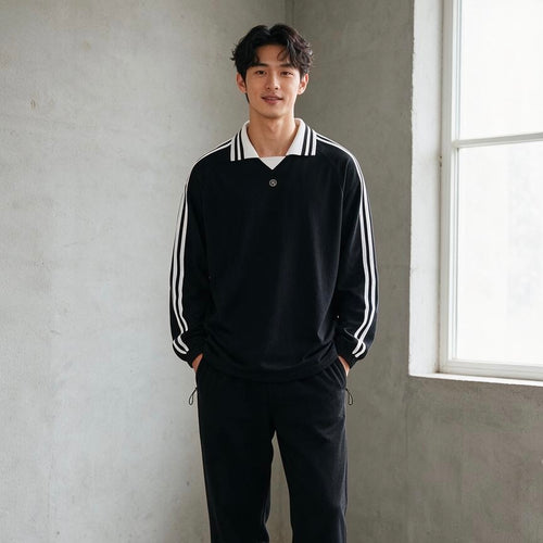 Contrast Striped Lapel Collar Sweatshirt