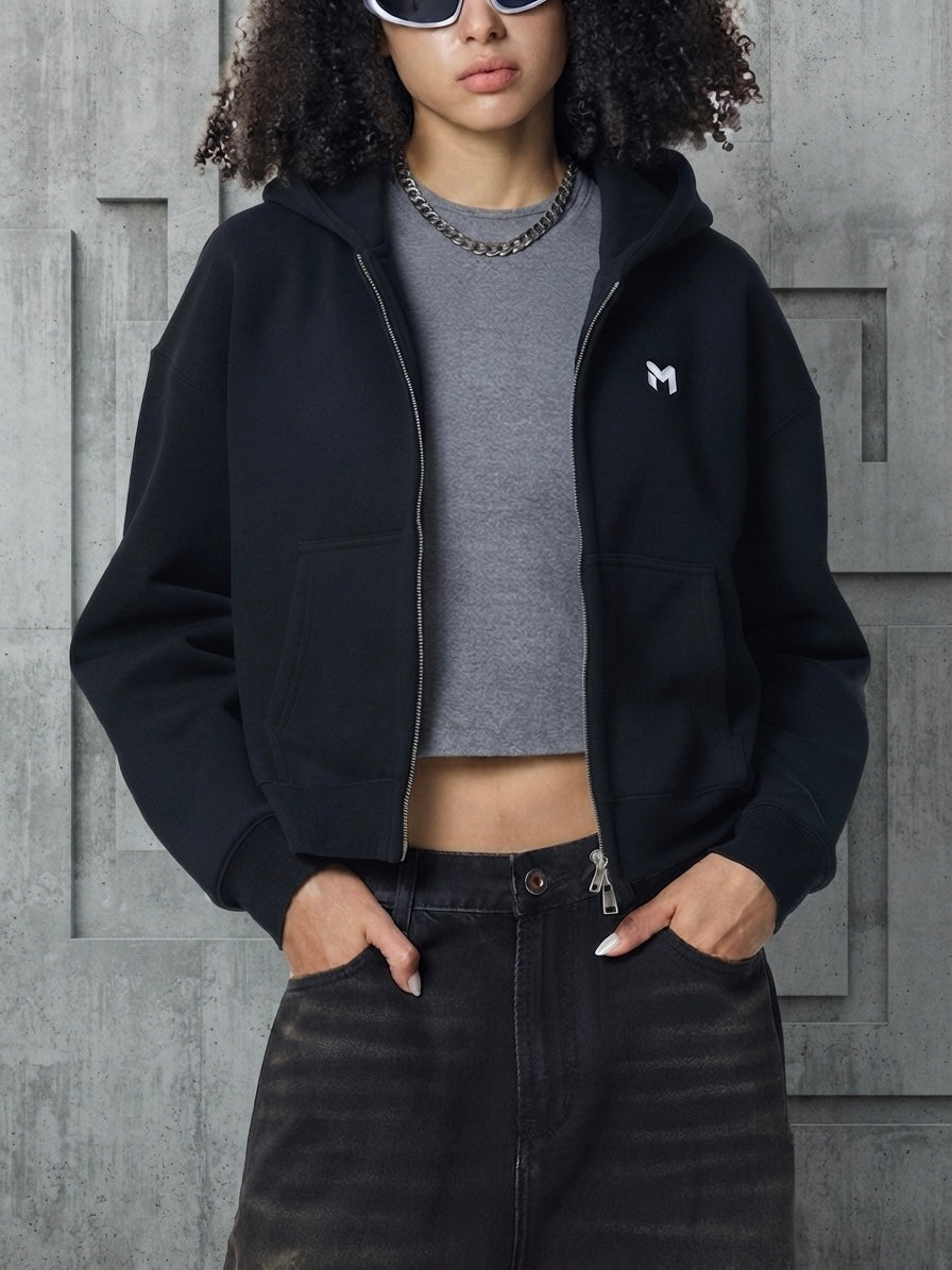 Fleeced Zip-Up Cropped Hoodie