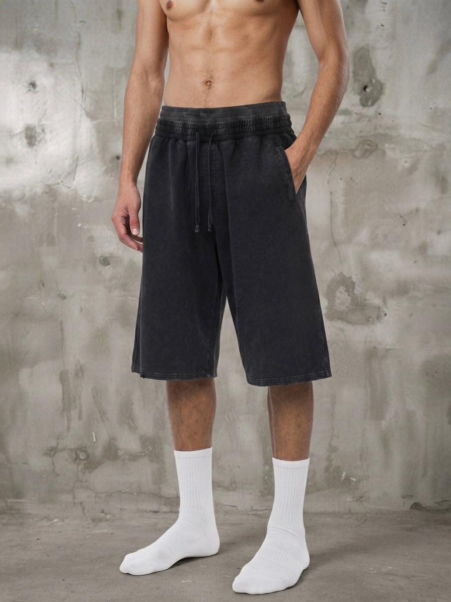 Unisex Vintage Wash Distressed Wide Leg Shorts